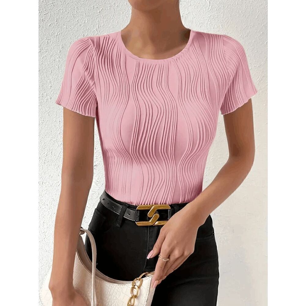 Textured Slim Fit Short Sleeve Shirt Blouse Top